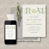 Invitation Monogramme Sage Olive Green QR Code Mariage