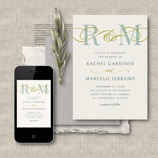 Invitation Monogramme Sage Olive Green QR Code Mariage