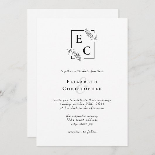 Invitation Monogramme Simple Chic noir blanc Mariage botaniqu (Devant / Derrière)