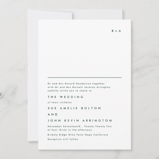 Invitation Monogramme simple Élégant Mariage vert Emerald (Devant)