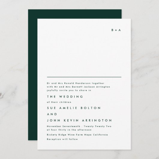 Invitation Monogramme simple Élégant Mariage vert Emerald (Devant / Derrière)