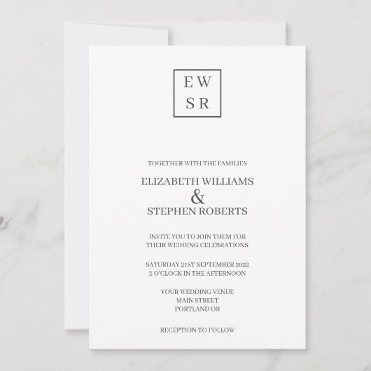 Invitation Monogramme simple Mariage blanc et gris (Devant)