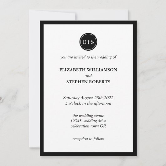 Invitation Monogramme simple | Mariage noir et blanc (Devant)