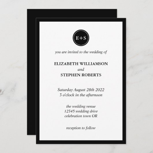 Invitation Monogramme simple | Mariage noir et blanc (Devant / Derrière)