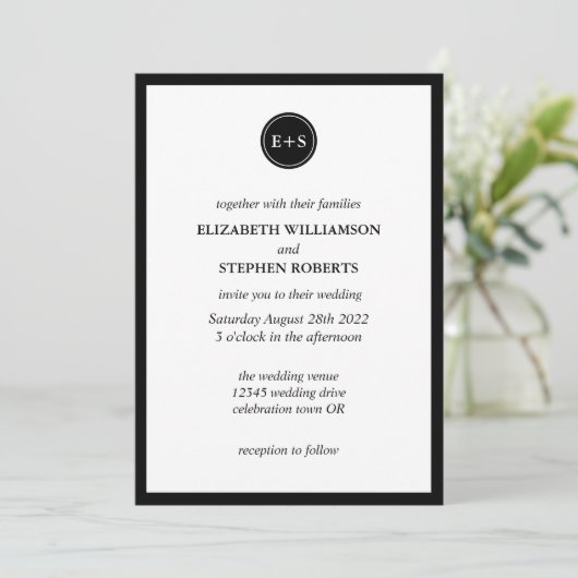 Invitation Monogramme simple | Mariage noir et blanc (Debout devant)