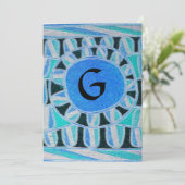 Invitation MONOGRAMME SOLAIRE, bleu turquoise noir blanc vif (Debout devant)