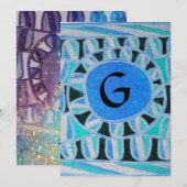 Invitation MONOGRAMME SOLAIRE, bleu turquoise noir blanc vif (Devant / Derrière)