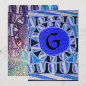 Invitation MONOGRAMME SOLAIRE, bleu turquoise vif noir blanc (Devant / Derrière)