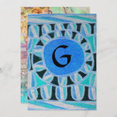 Invitation MONOGRAMME SOLAIRE, bleu turquoise vif noir blanc (Devant / Derrière)