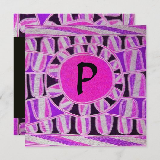 Invitation MONOGRAMME SOLAIRE, rose fuchsia noir blanc vif (Devant / Derrière)