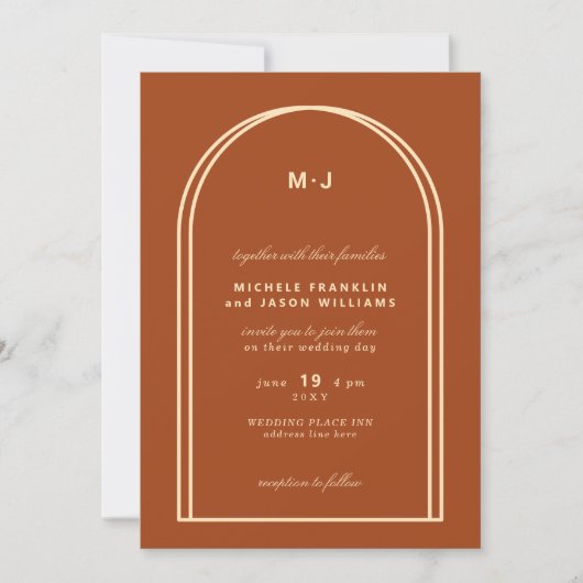 Invitation Monogramme Terracotta Brown Earthy Arch Mariage (Devant)