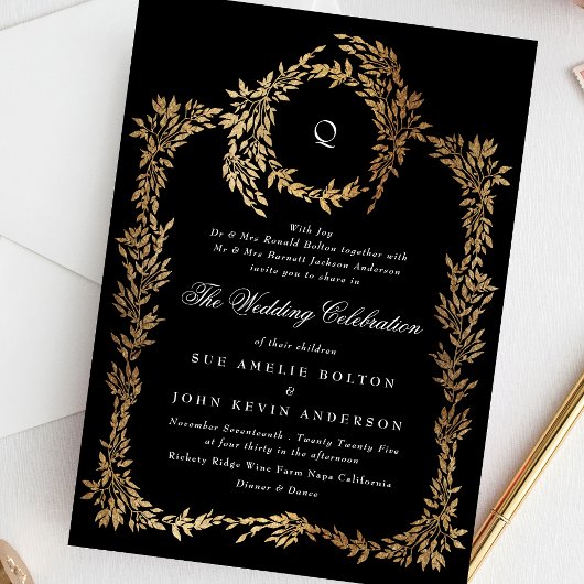 Invitation Monogramme traditionnel Noir Crest Mariage classiq
