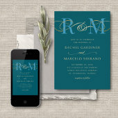 Invitation Monogramme Turquoise Aqua Turquoise QR Code Mariag