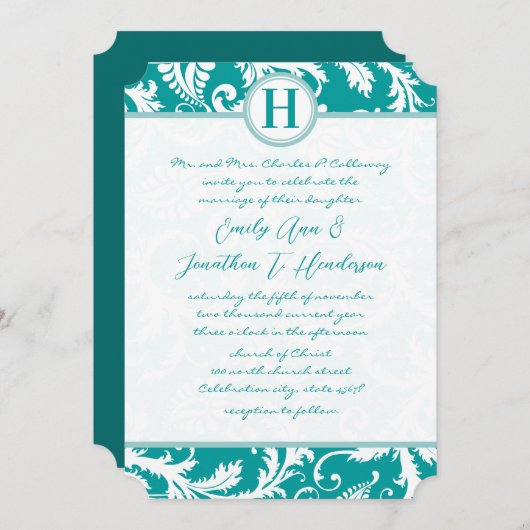 Invitation Monogramme Turquoise Aqua Vintage Mariage damassé  (Devant / Derrière)