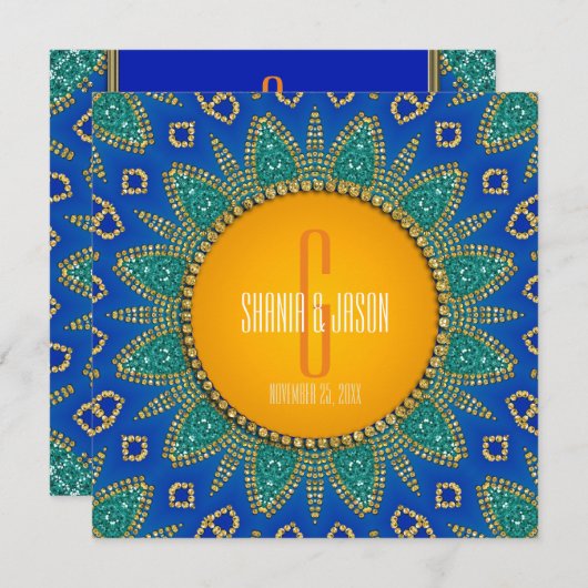 Invitation Monogramme Turquoise Sun Royal Blue de  (Devant / Derrière)