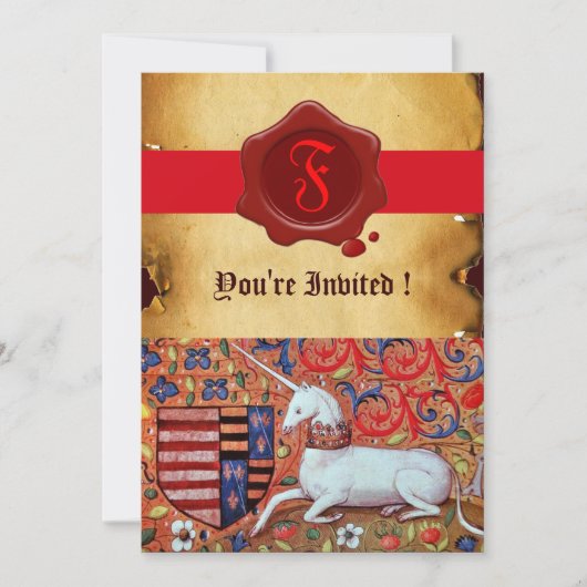 INVITATION MONOGRAMME UNICORN FLORAL PARCHMENT RED WAX SEAL (Devant)