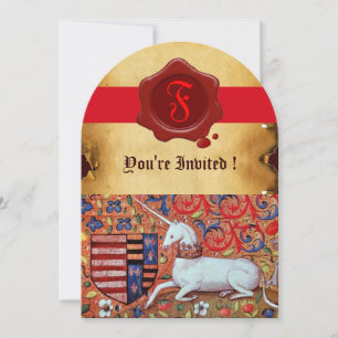 INVITATION MONOGRAMME UNICORN FLORAL PARCHMENT RED WAX SEAL