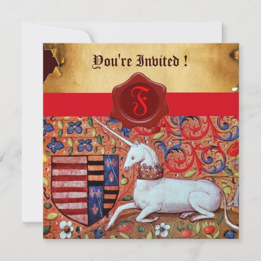 INVITATION MONOGRAMME UNICORN FLORAL PARCHMENT RED WAX SEAL (Devant)