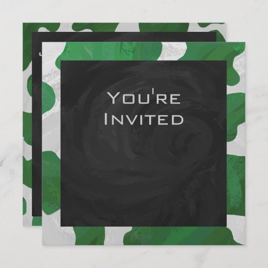 Invitation Monogramme vert et blanc de vache (Devant / Derrière)