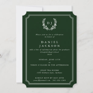 Invitation Monogramme vert foncé Laurel Wreath Graduation