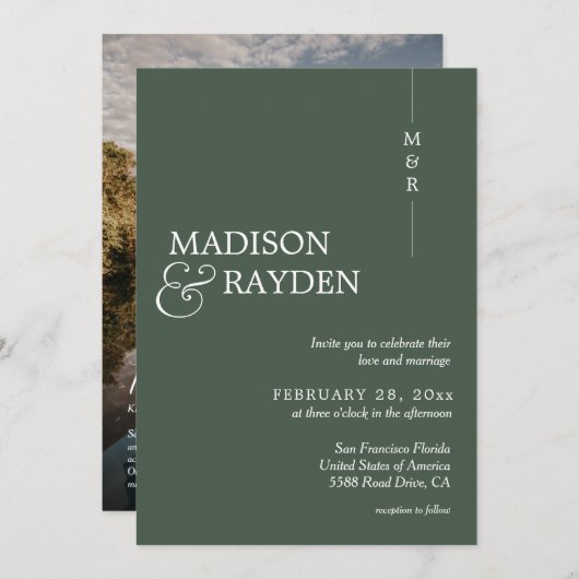 Invitation Monogramme vert foncé moderne Photo QR Code Mariag (Devant / Derrière)