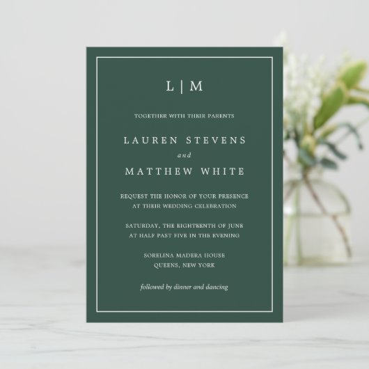 Invitation Monogramme vert forestier Mariage simple (Debout devant)