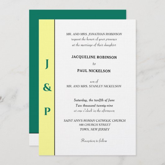 Invitation Monogramme vert jaune tropical minimaliste (Devant / Derrière)
