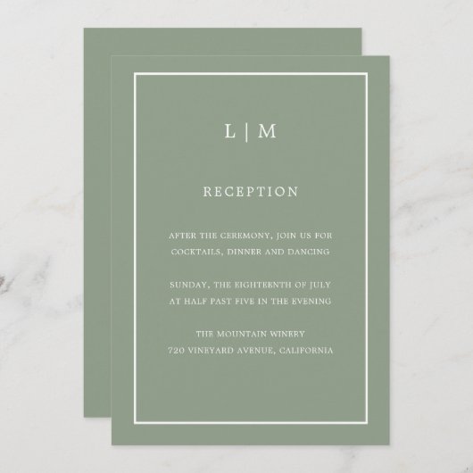 Invitation Monogramme vert minimal Sage Simple Mariage élégan (Devant / Derrière)