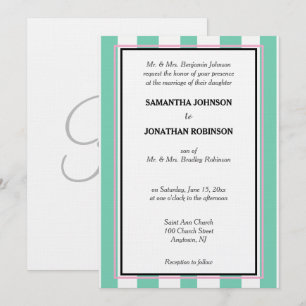 Invitation Monogrammé Vert Mousse Rose Blanc Rayures de Caban