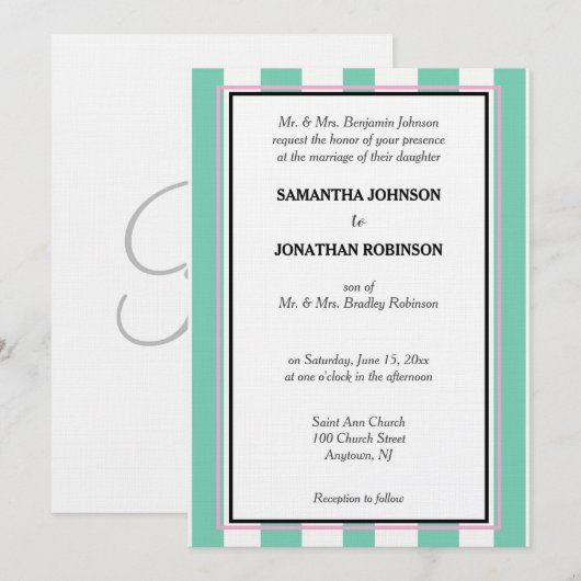 Invitation Monogrammé Vert Mousse Rose Blanc Rayures de Caban (Devant / Derrière)