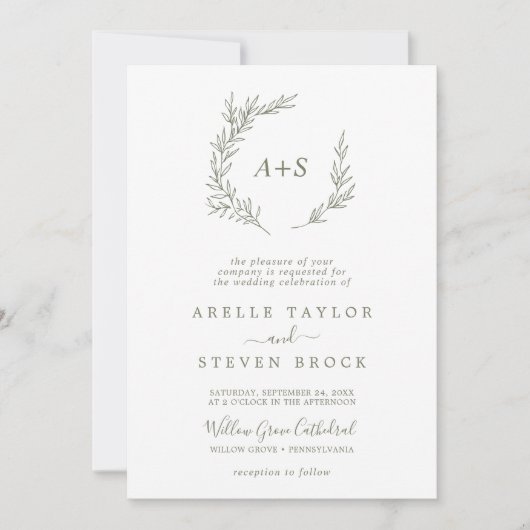 Invitation Monogramme vert olive feuille minimale QR Code Mar (Devant)