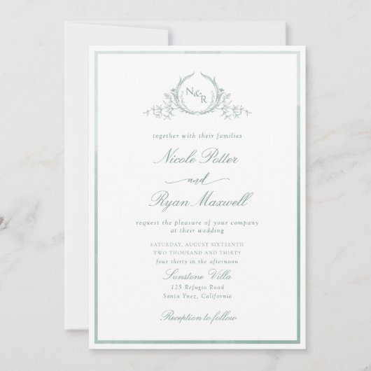 Invitation Monogramme vert pâle classique Mariage d'aquarelle (Devant)