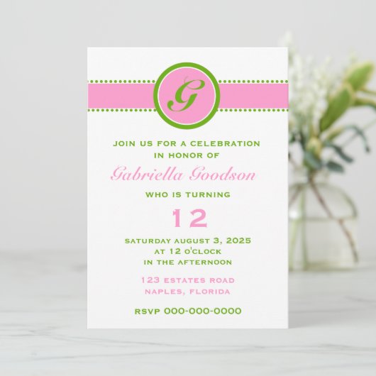 Invitation Monogramme vert rose et citron vert 2 (Debout devant)