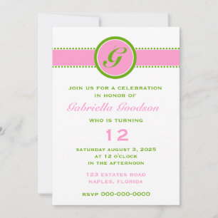 Invitation Monogramme vert rose et citron vert surprise