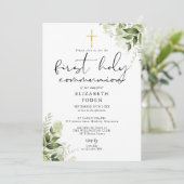 Invitation Monogramme vert rustique Première communion sainte (Debout devant)