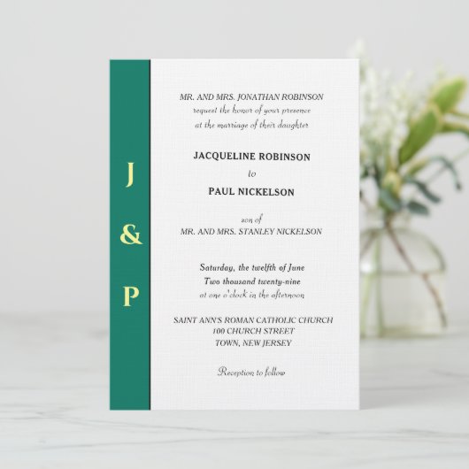 Invitation Monogramme vert tropical minimaliste (Debout devant)