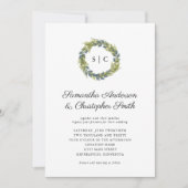 Invitation Monogramme vert Wreath Mariage Turquoise léger (Devant)