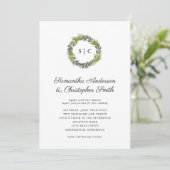 Invitation Monogramme vert Wreath Mariage Turquoise léger (Debout devant)