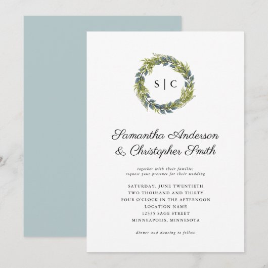 Invitation Monogramme vert Wreath Mariage Turquoise léger (Devant / Derrière)
