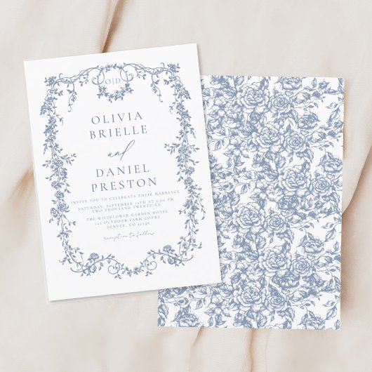 Invitation Monogramme victorien Mariage Floral bleu français