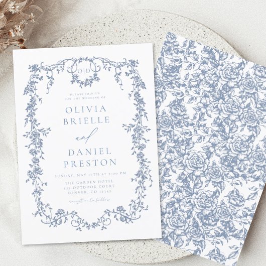 Invitation Monogramme victorien Mariage Floral bleu français