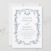 Invitation Monogramme victorien Mariage Floral bleu français (Devant)