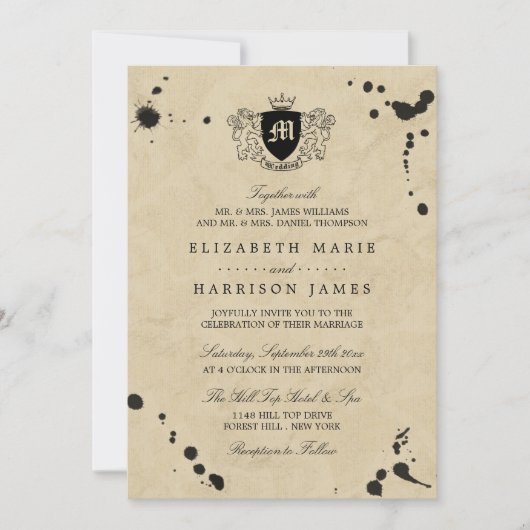 Invitation Monogramme vintage et Mariage de taches d'encre (Devant)