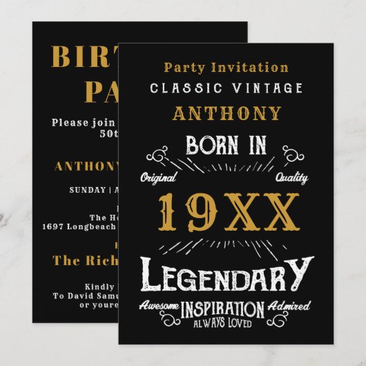 Invitation Monogramme Vintage rétro d'anniversaire personnali (Devant / Derrière)