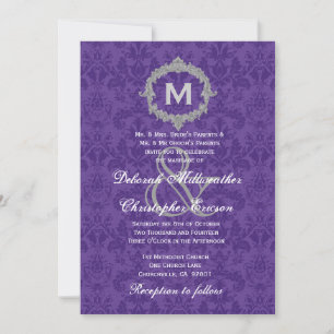 Invitation Monogramme Vintage violet blanc argenté Mariage V0