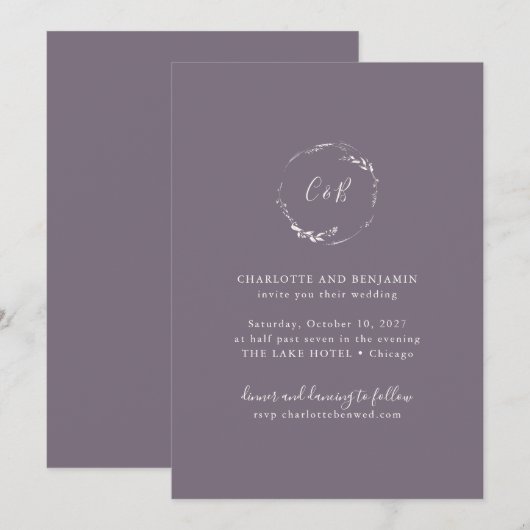 Invitation Monogramme violet foncé Floral Wreath Script Maria (Devant / Derrière)