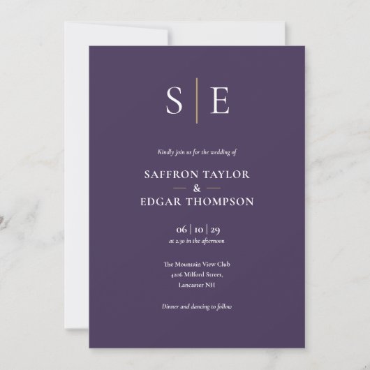 Invitation Monogramme violet tout en un Mariage (Devant)