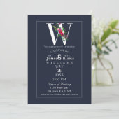 Invitation Monogramme W Dernière Initiale Moderne Fleurs Bleu (Debout devant)