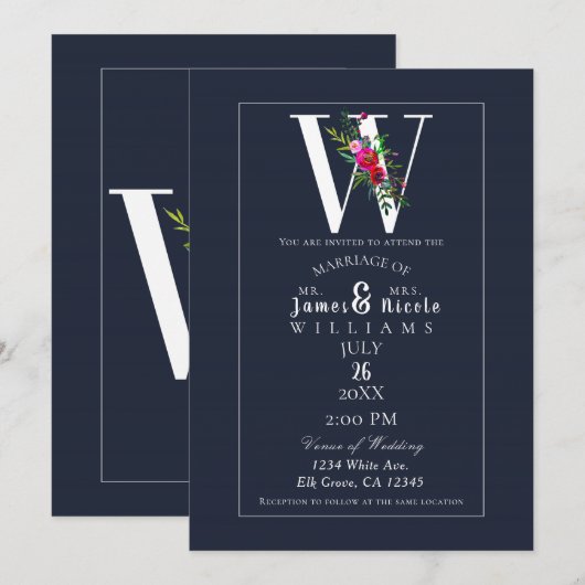 Invitation Monogramme W Dernière Initiale Moderne Fleurs Bleu (Devant / Derrière)
