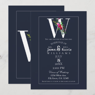Invitation Monogramme W dernière initiale moderne floral bleu